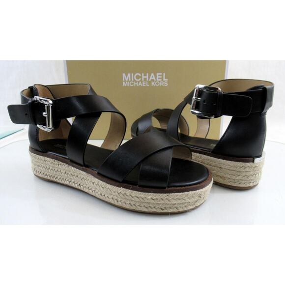 Michael Kors Darby Crisscross Platform Espadrille Sandals Black Leather Size 7 - Picture 4 of 8